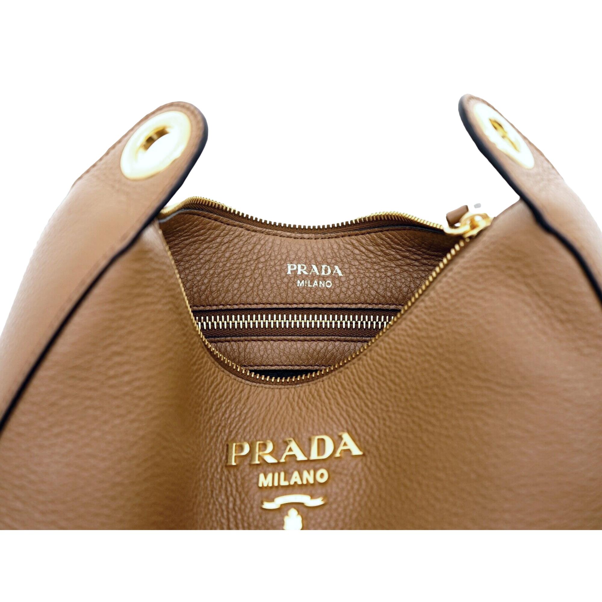 Prada Vitello Phenix Caramel Brown Leather Web Stripe Crossbody Bag
