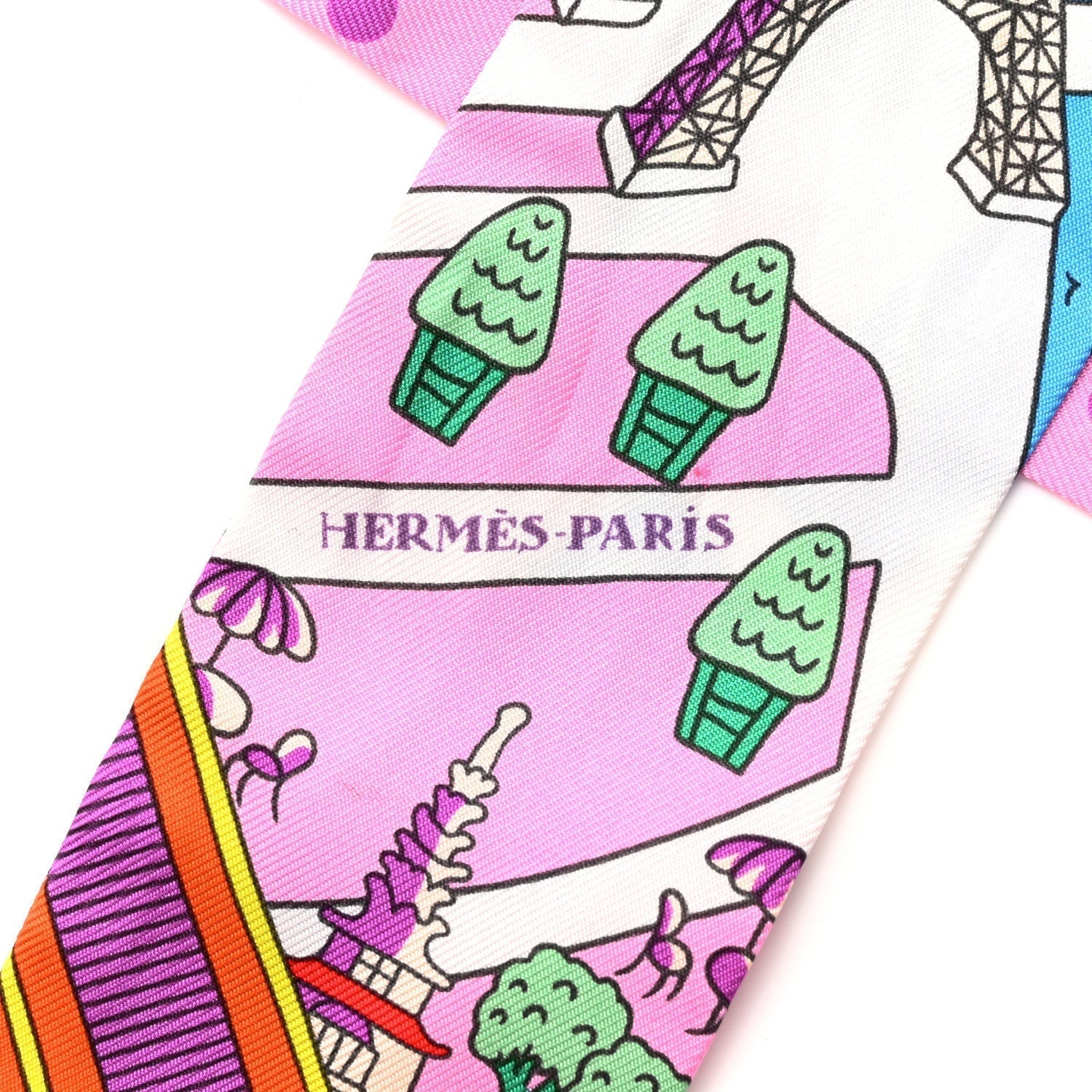 Hermes Silk Les Nouveaux Amoureux de Paris Twilly Rose Buvard White Scarf