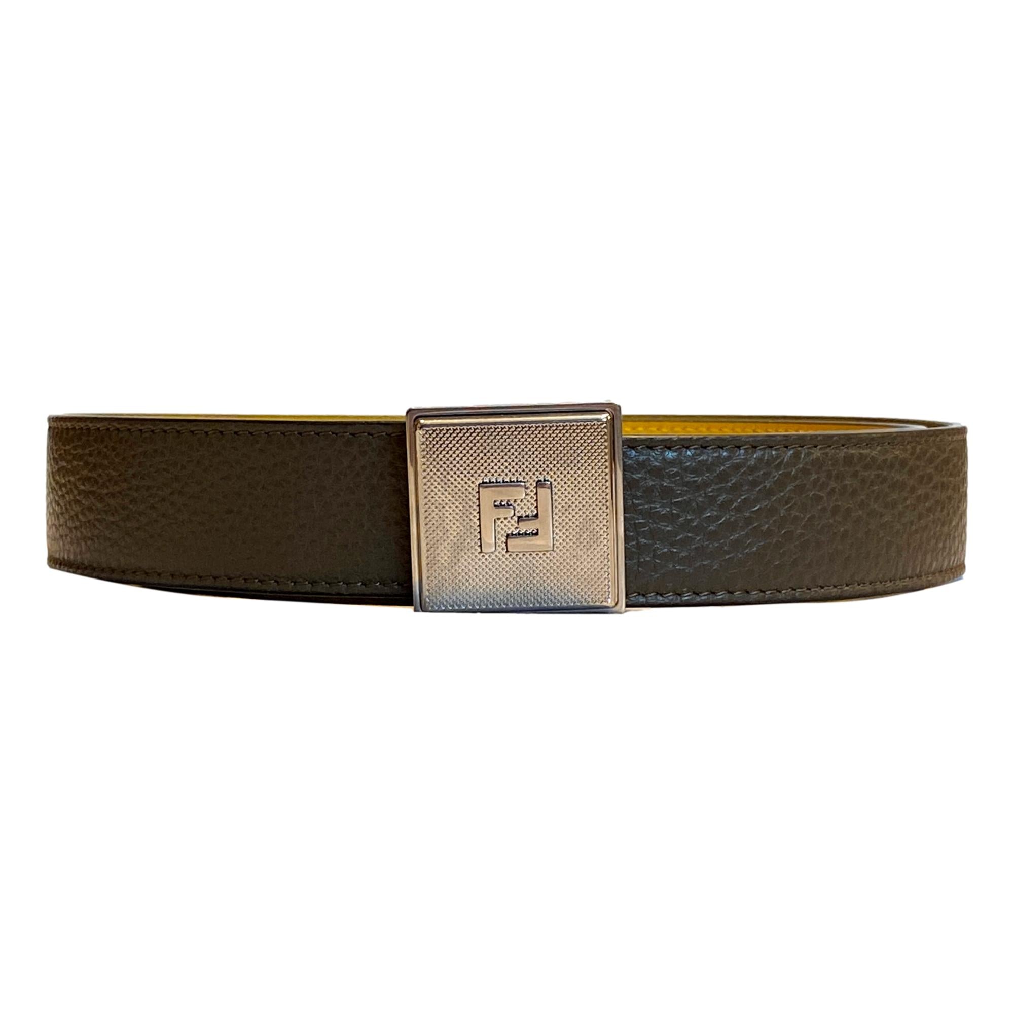 Fendi Yellow Brown Reversible Grained Leather Belt 100