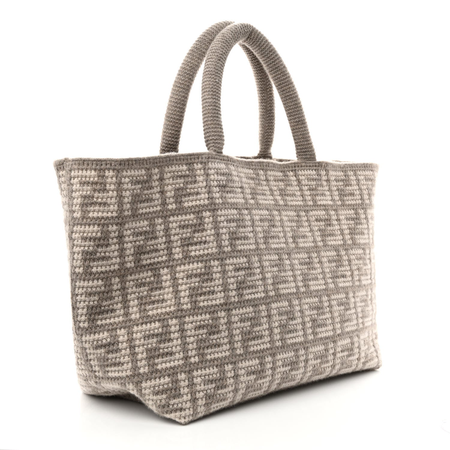 Fendi FF Tortora Gray Knitted Cashmere Wool Large Shopper Tote Bag