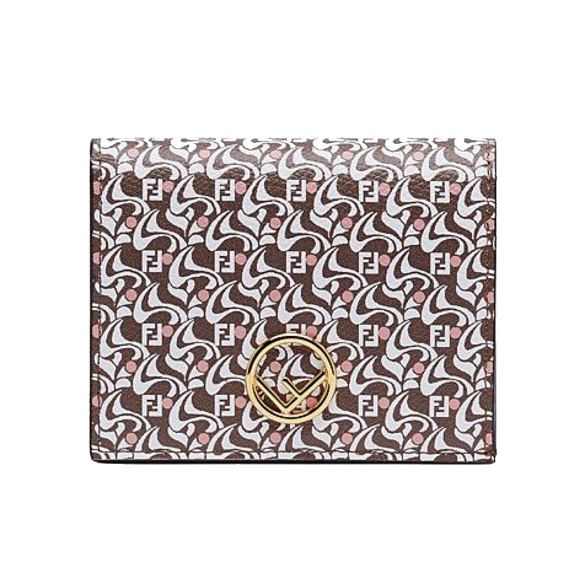 Fendi Calf Leather F Logo Brown Pink Small Bifold Wallet