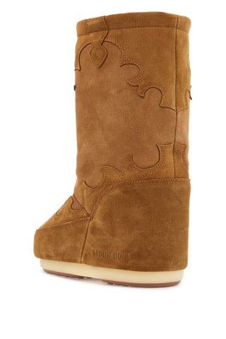 Moon Boot high suede boots in cognac with wedge embroidery