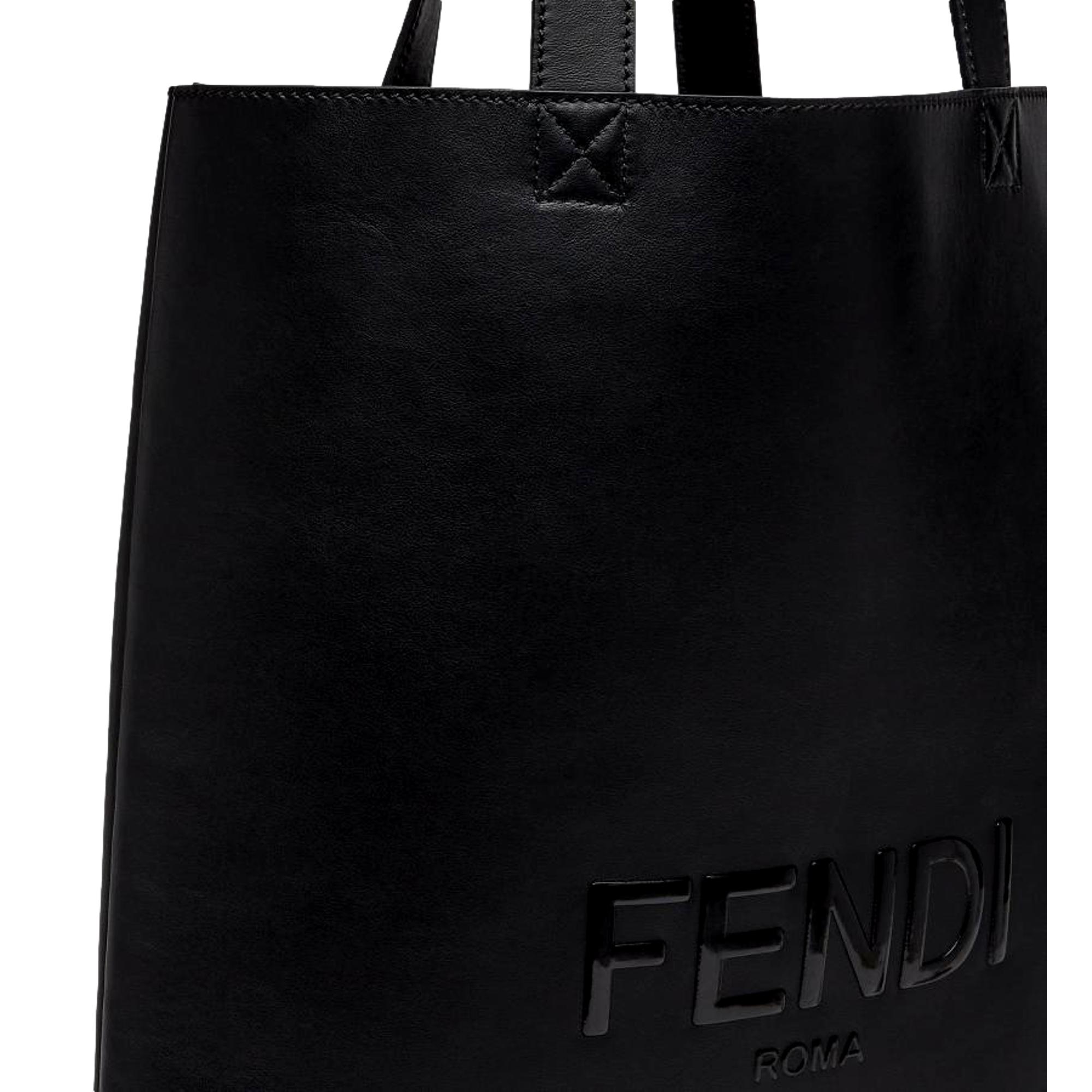 Fendi Roma Embossed Logo Black Calf Leather Large Shopping Tote Bag