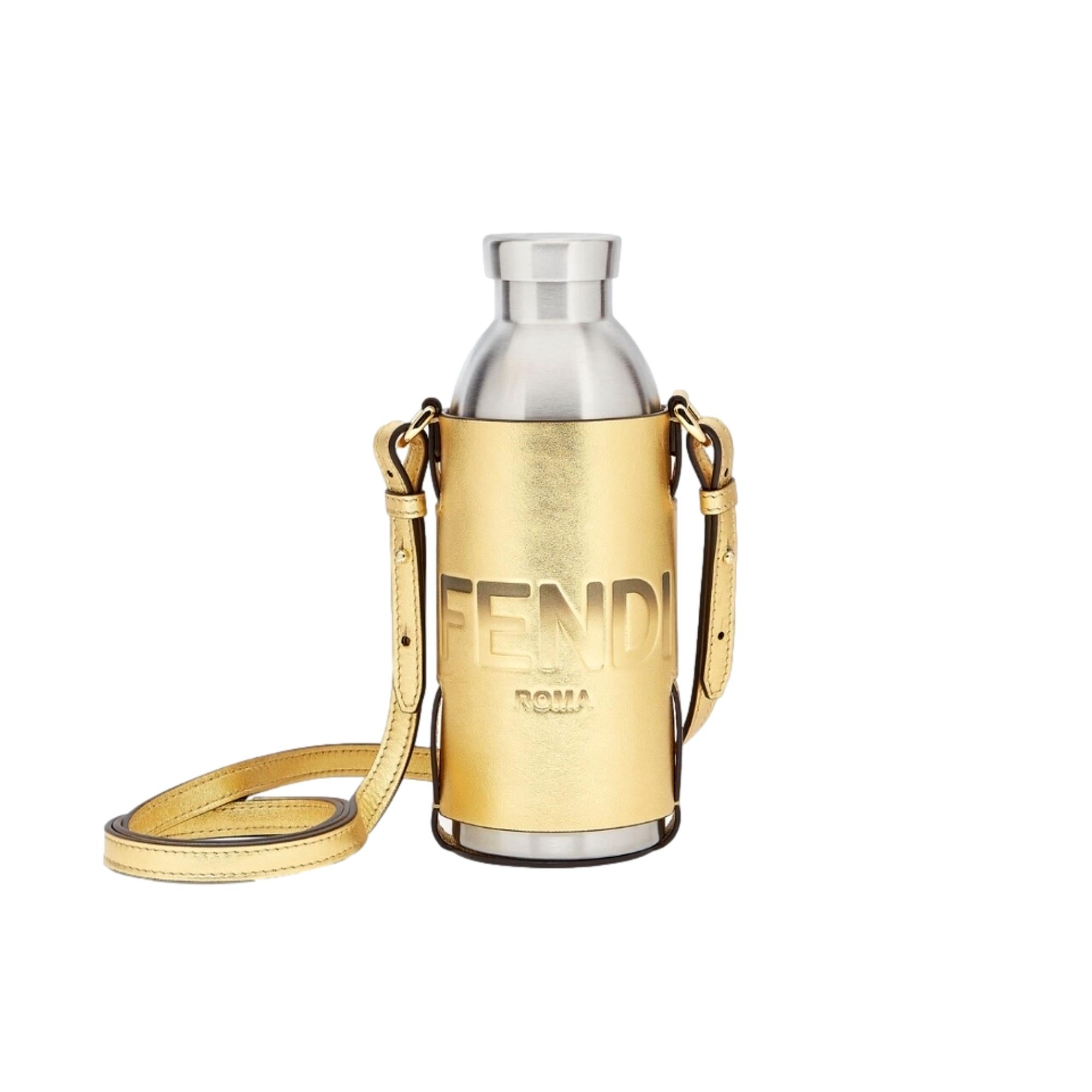 Fendi Roma Logo Steel Bottle and Gold Leather Holder Set