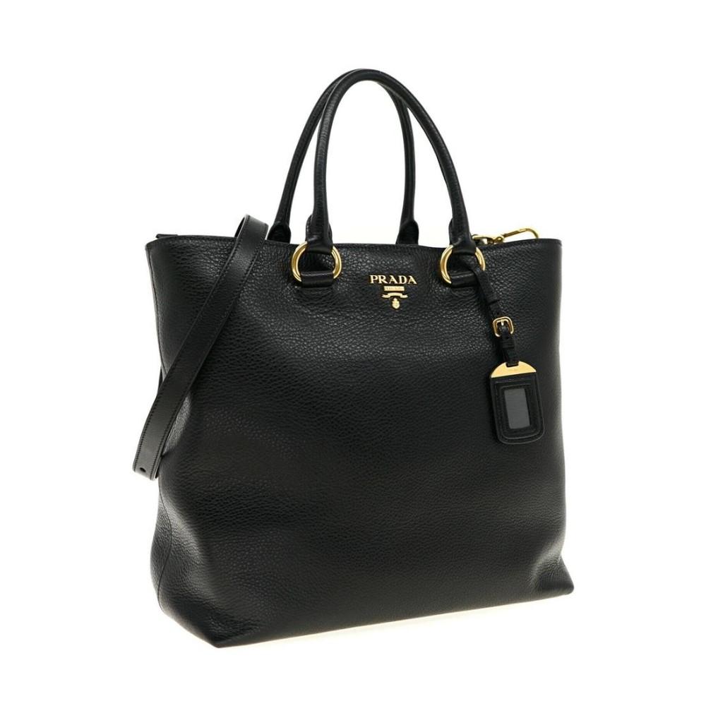 Prada Black Vitello Phenix Leather Shopping Tote Bag