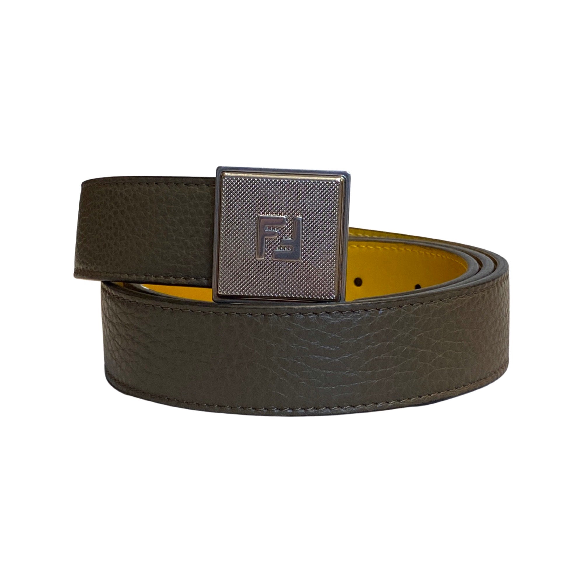 Fendi Yellow Brown Reversible Grained Leather Belt 100