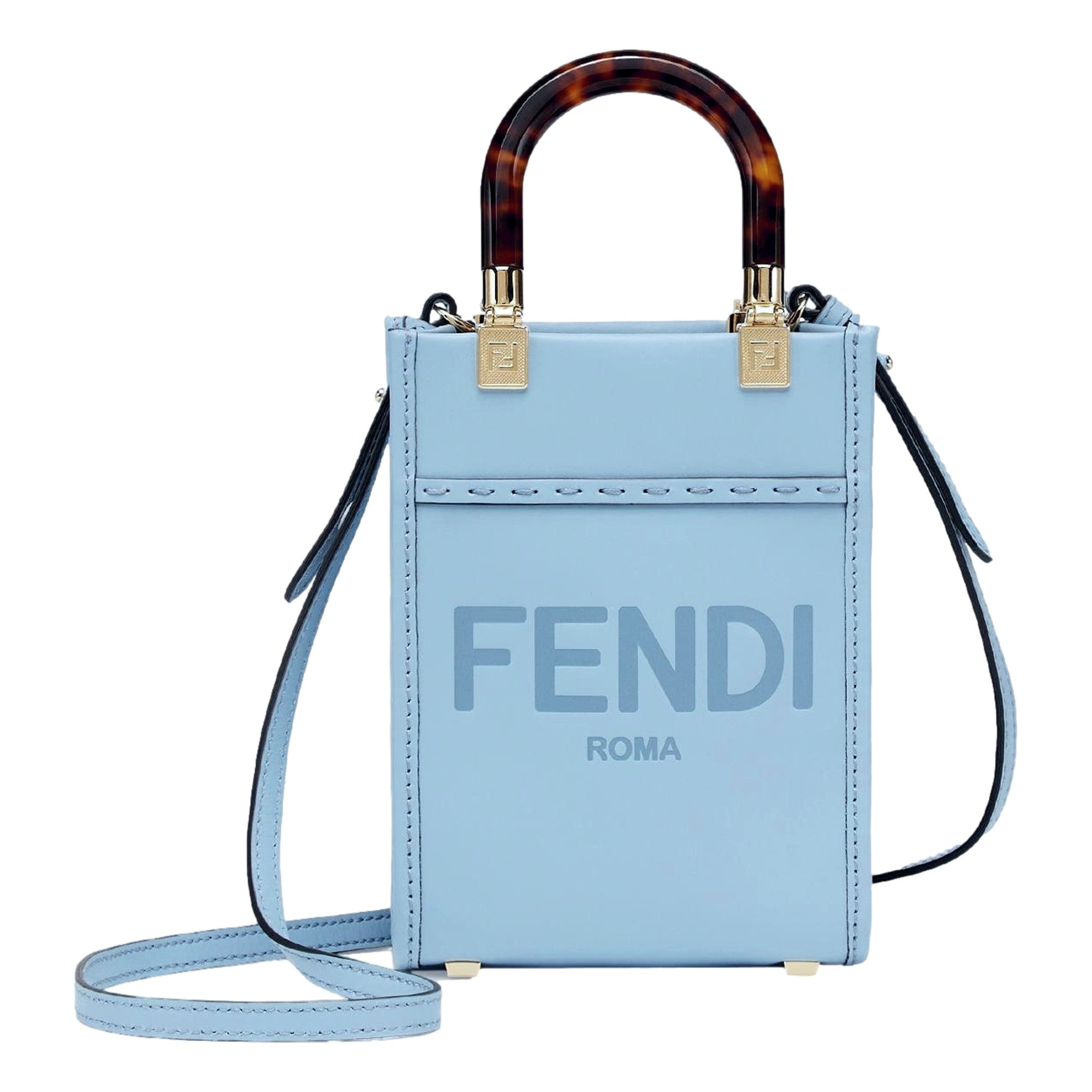Fendi Mini Sunshine Shopper Tote Crossbody Bag 2Way Baby Blue Leather