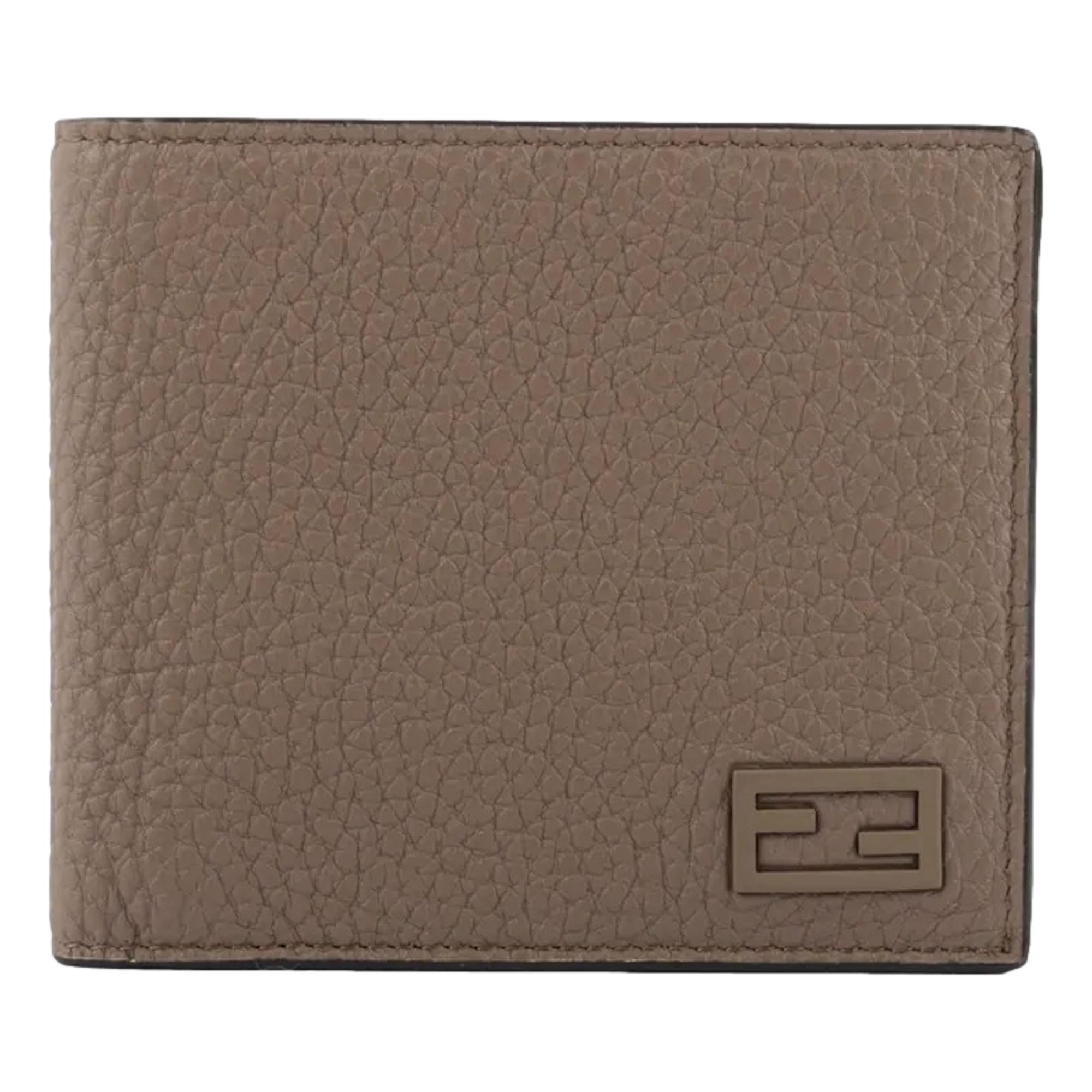 Fendi FF Logo Plaque Tartufo Gray Pebbled Calf Leather Bifold Wallet