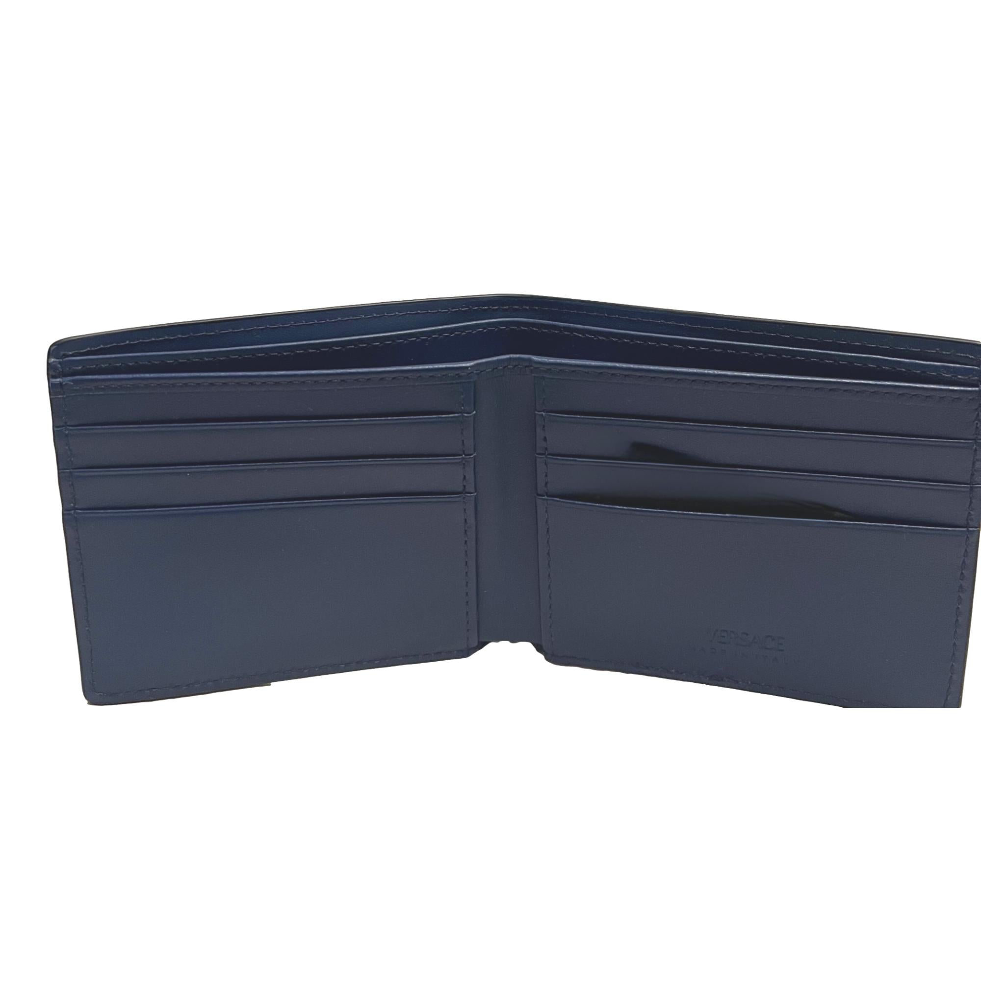 Versace La Medusa Logo Plaque Navy Blue Calf Leather Bifold Wallet