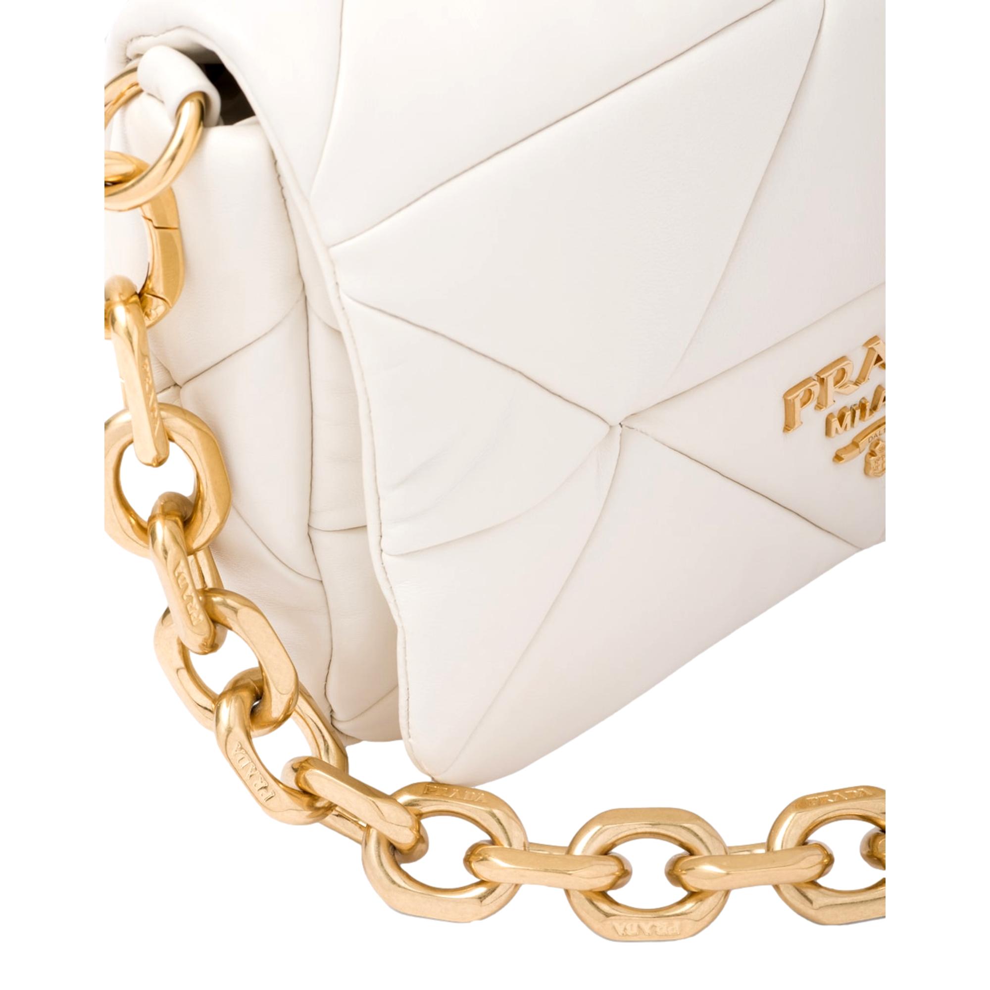 Prada Gold Logo Ivory Quilted Nappa Patch Leather Shoulder Bag