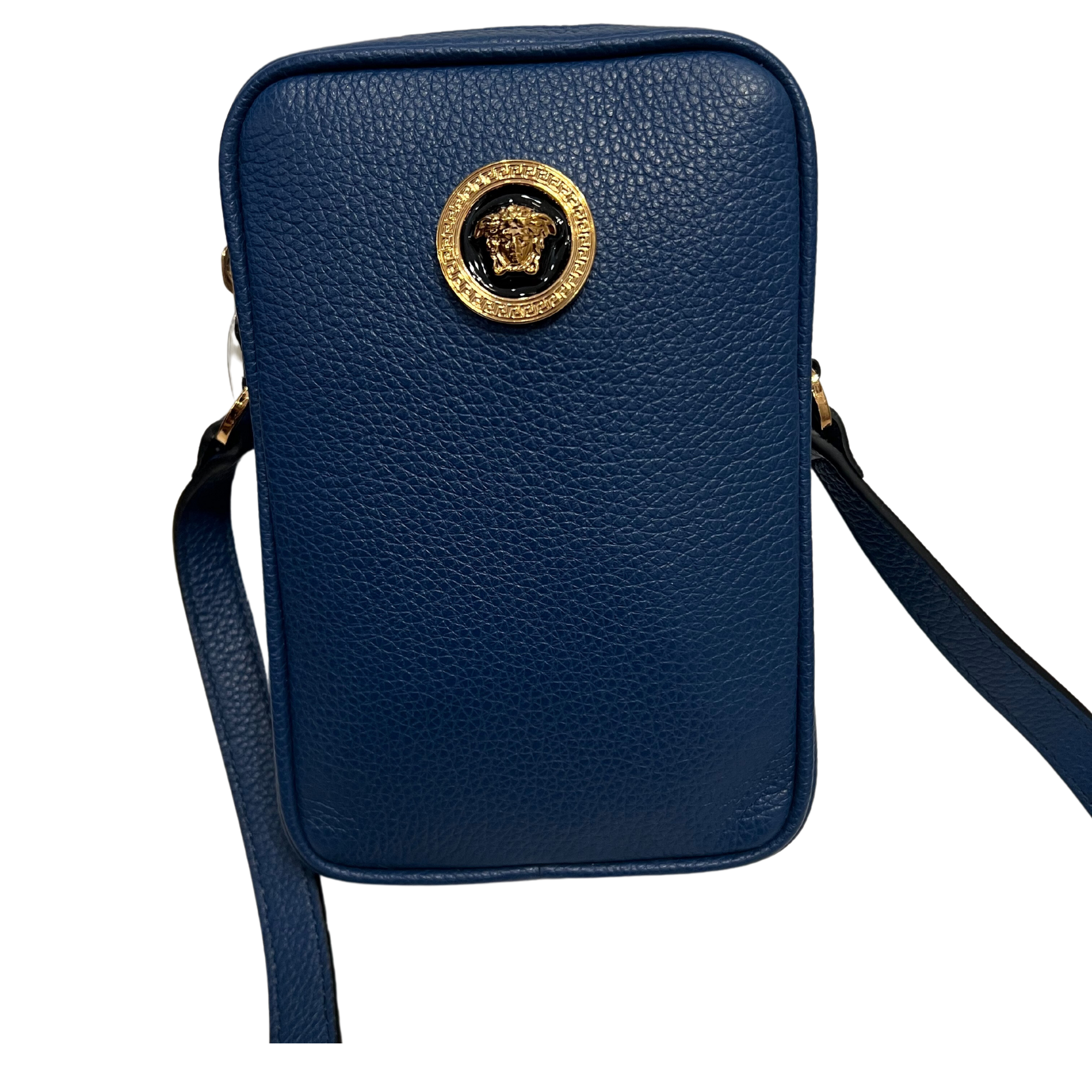 Versace La Medusa Navy Blue Grain Leather Mini Crossbody Bag