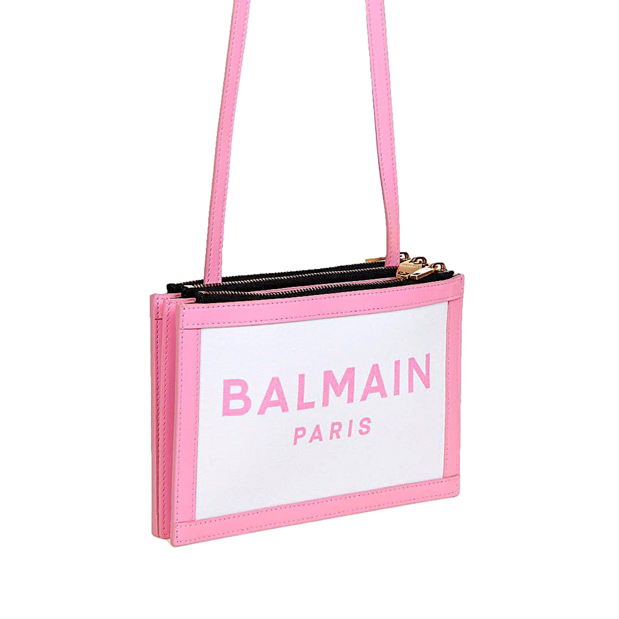 Balmain B-Army 26 Logo Canvas and Pink Leather Small Crossbody Bag