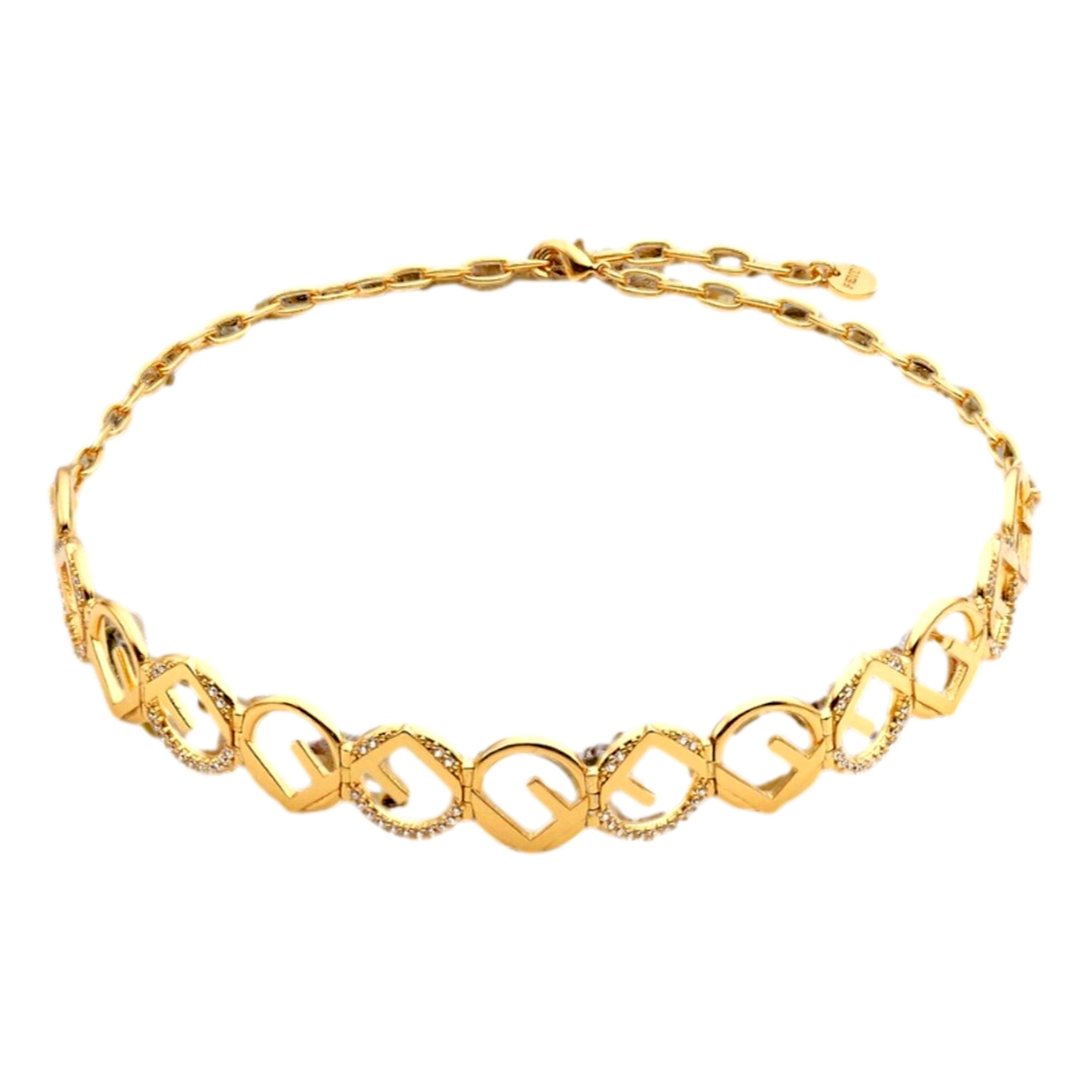 Fendi F is Fendi Logo Choker Necklace White Crystal Gold Metal Chain