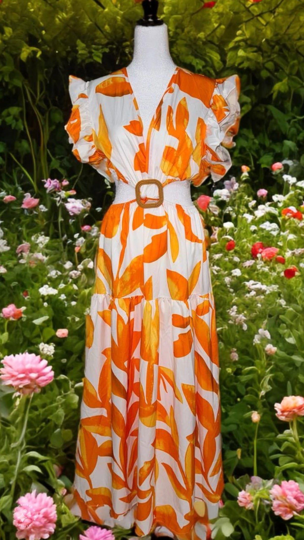 Flutter Sleeve Floral Dress Orange