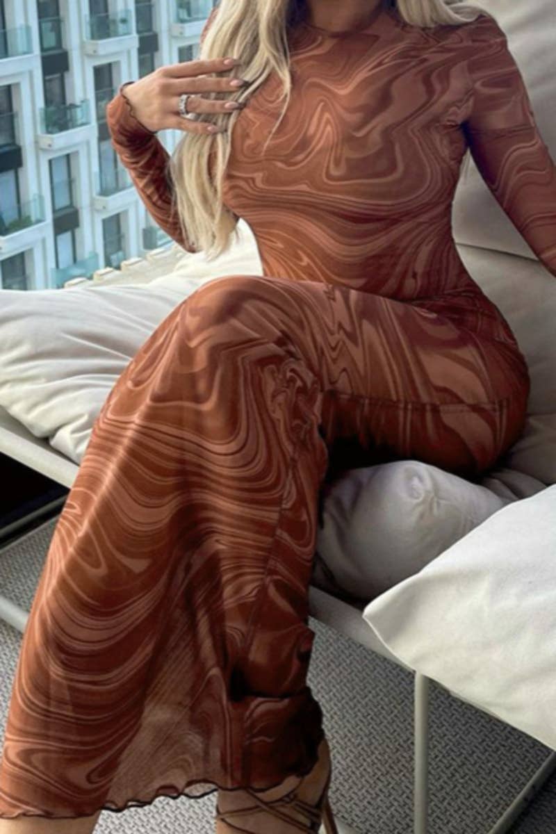 Xena Mocha Swirl: Vestido largo de manga larga de malla transparente: Grande