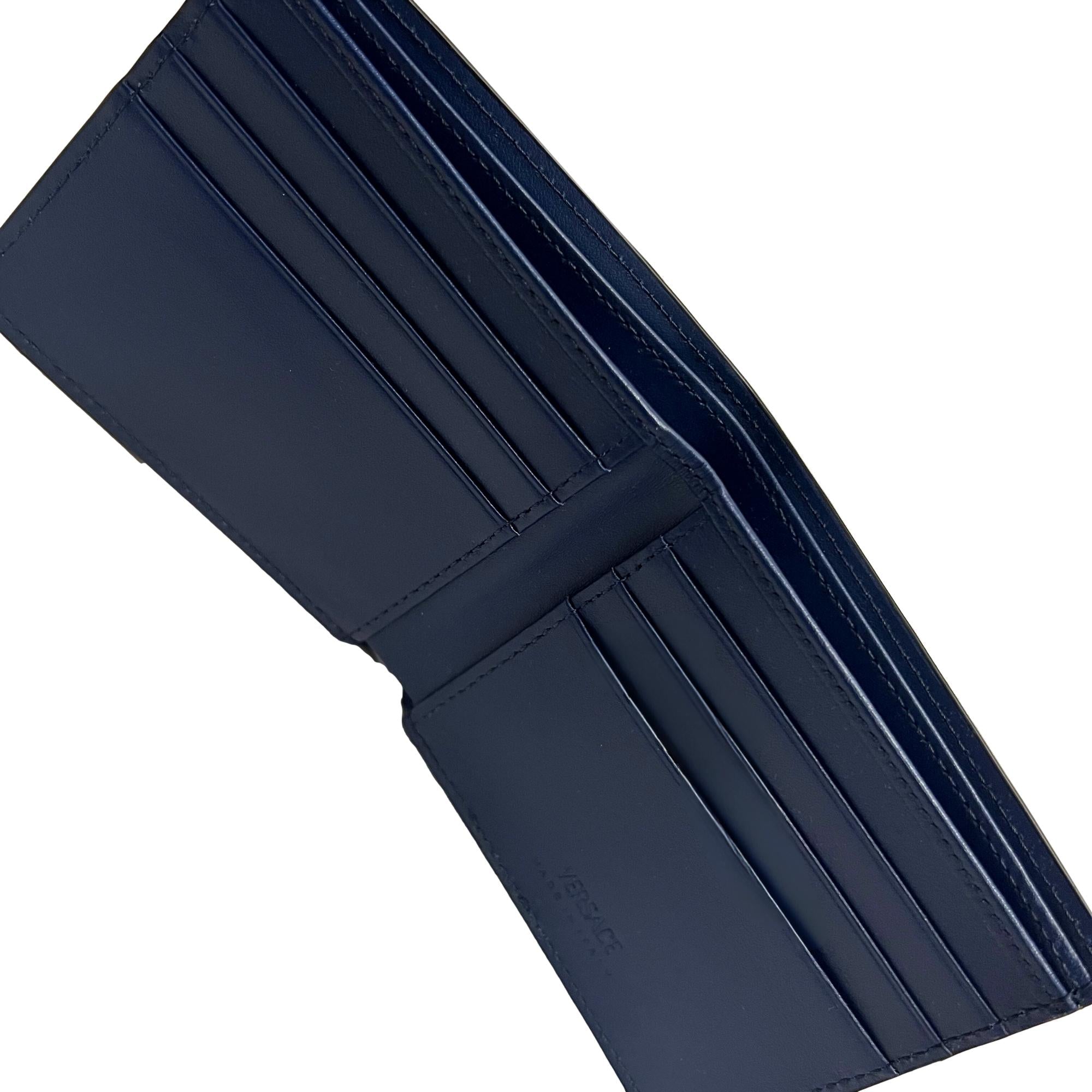 Versace La Medusa Logo Plaque Navy Blue Calf Leather Bifold Wallet