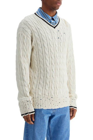 Marni white cotton sweater with cable knit v-neck