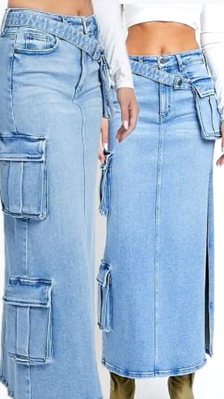 Cargo Pocket Denim Skirt w/Removable Belt Bag