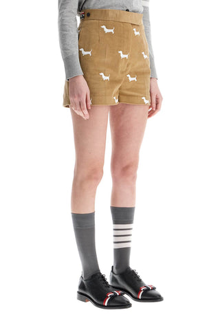 Thom Browne khaki corduroy shorts with white dog pattern