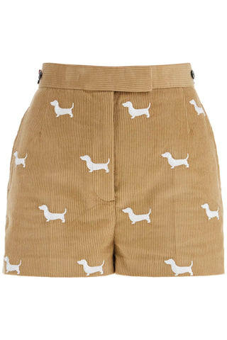 Thom Browne khaki corduroy shorts with white dog pattern