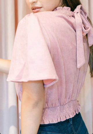 Pink Short Sleeve Faux Suede Top