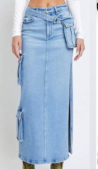 Cargo Pocket Denim Skirt w/Removable Belt Bag