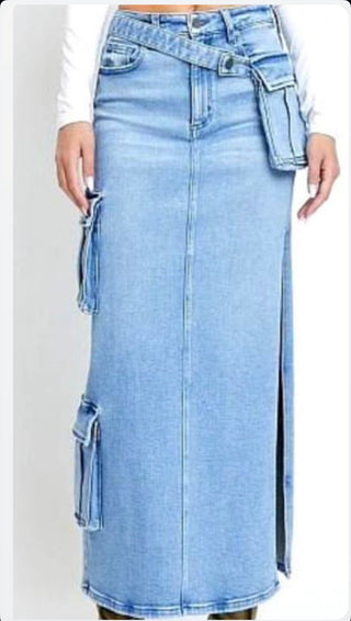 Cargo Pocket Denim Skirt w/Removable Belt Bag