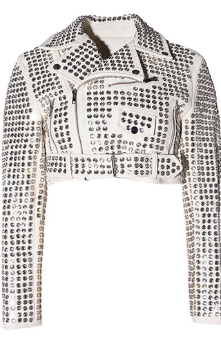 A cropped white leather jacket heavily embellished with silver studs and rhinestones, featuring a collar, front zipper, and a matching studded belt.