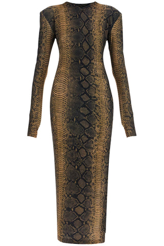 Norma Kamali brown slim fit long python effect dress