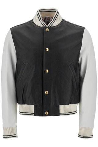 Thom Browne leather varsity bomber jacket - VAZLUXE.COM