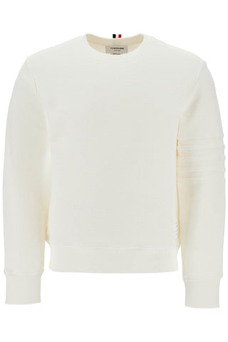 thom browne white cotton four bar crewneck sweatshirt