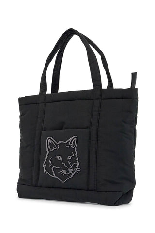 Maison Kitsune borsa tote in poliammide nera media con ricamo volpe