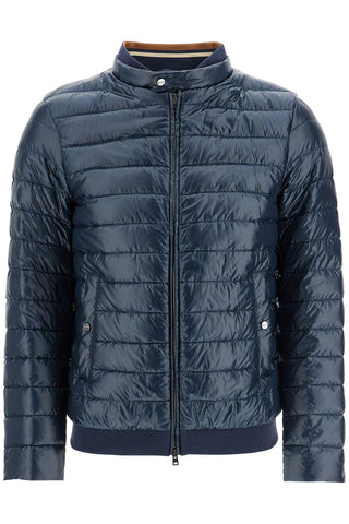 HERNO dark blue lightweight quilted nylon down jacket with high collar