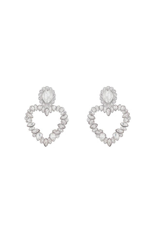 Self Portrait heart-shaped earrings with floral rhinestones and central oval silver