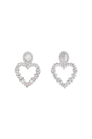 Self Portrait heart-shaped earrings with floral rhinestones and central oval silver