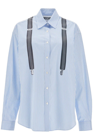 Moschino light blue cotton striped shirt with decorative straps