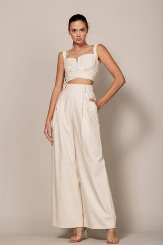 Endless Blu - LINEN PLEATED PANT WITH HIDDEN HOOK AND POCKETS: 2 TONE LINEN / S