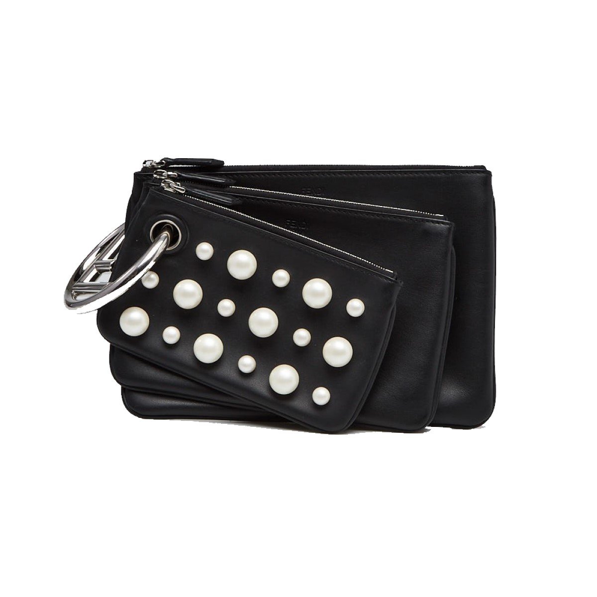 Fendi Black Leather Pearl Studded Triplette Multi Clutch Handbag
