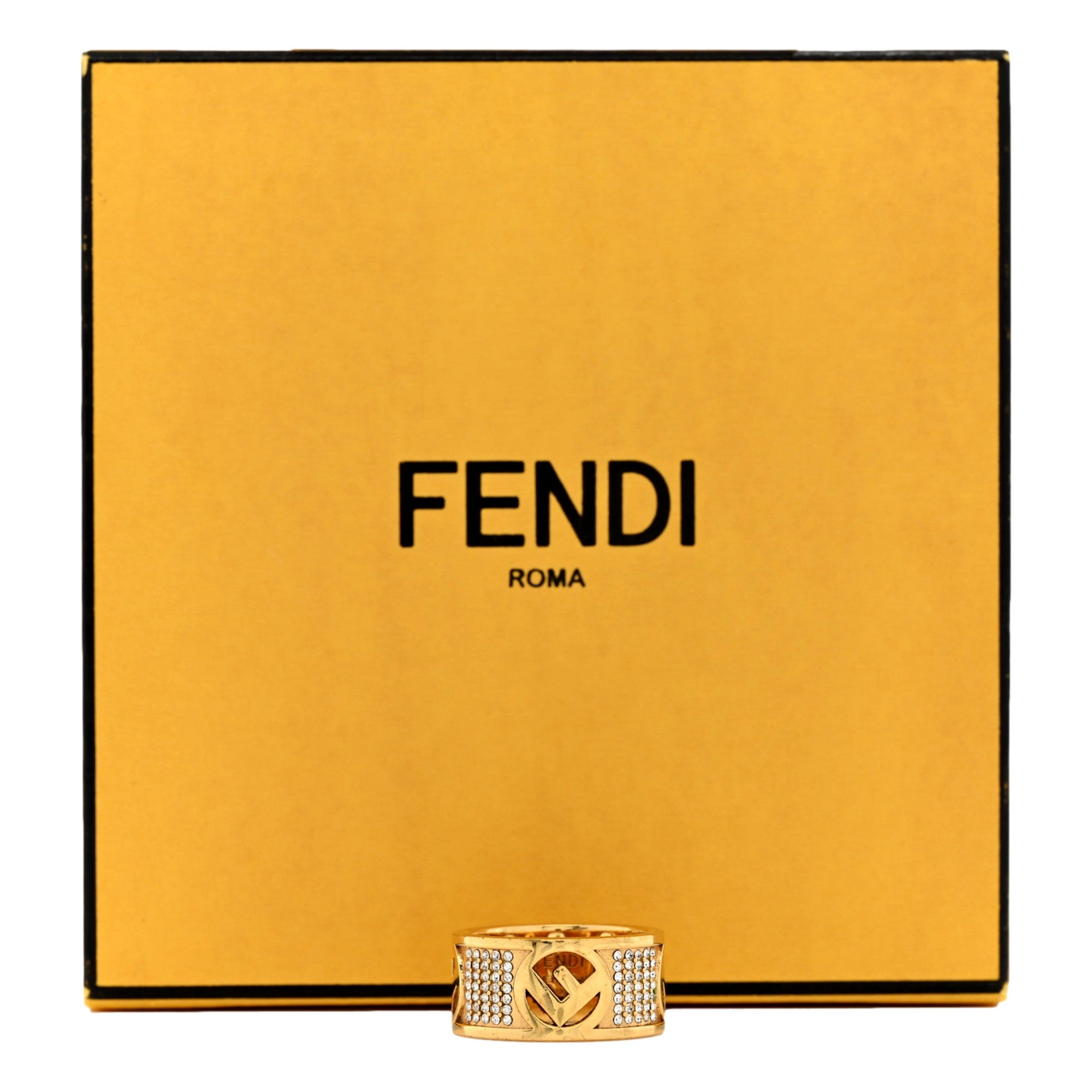 Fendi F is Fendi Logo Ring Wide Band Crystal Gold Metal Size Medium