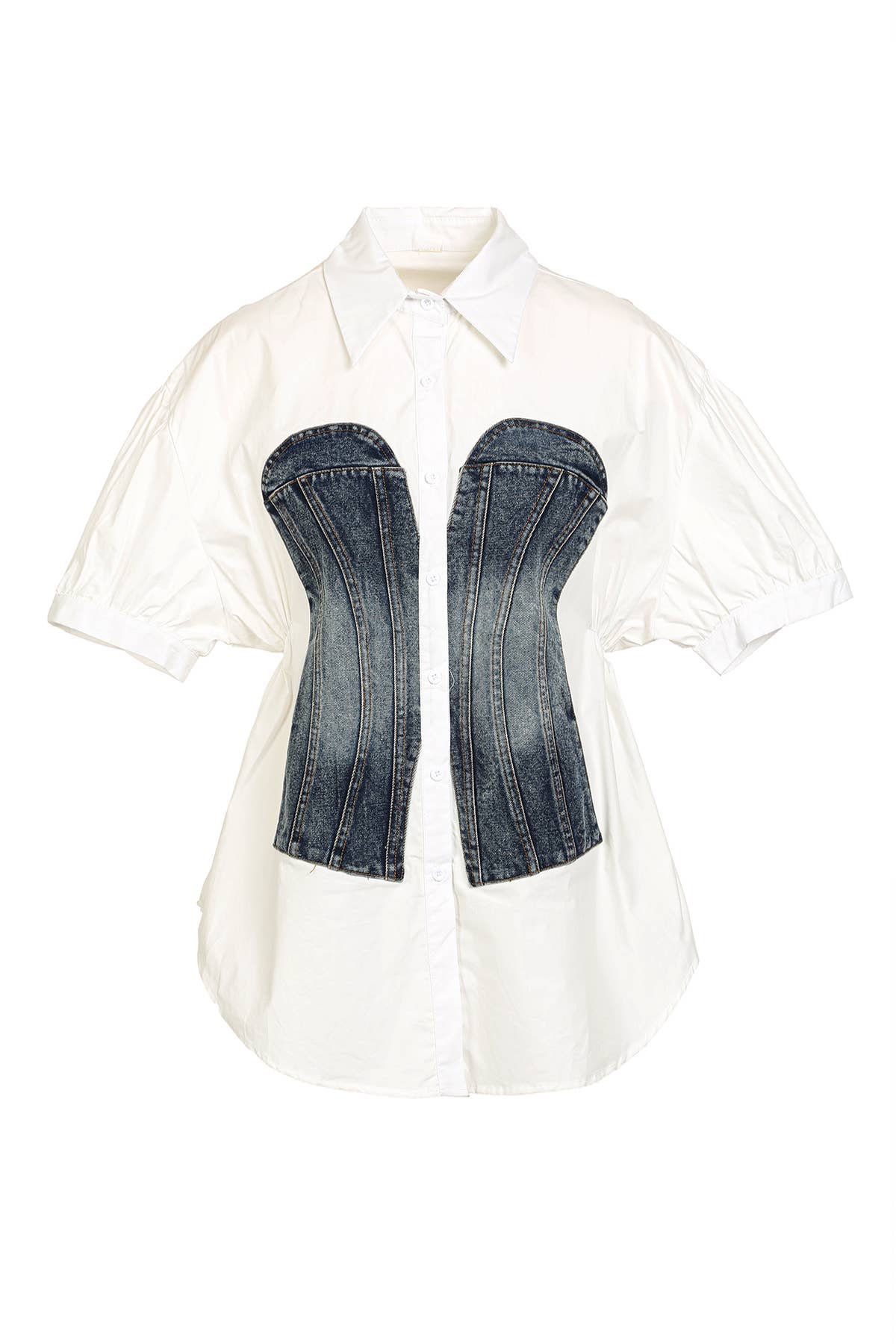 Beulah Style - Denim Cutout Ruched Button Up Blouse