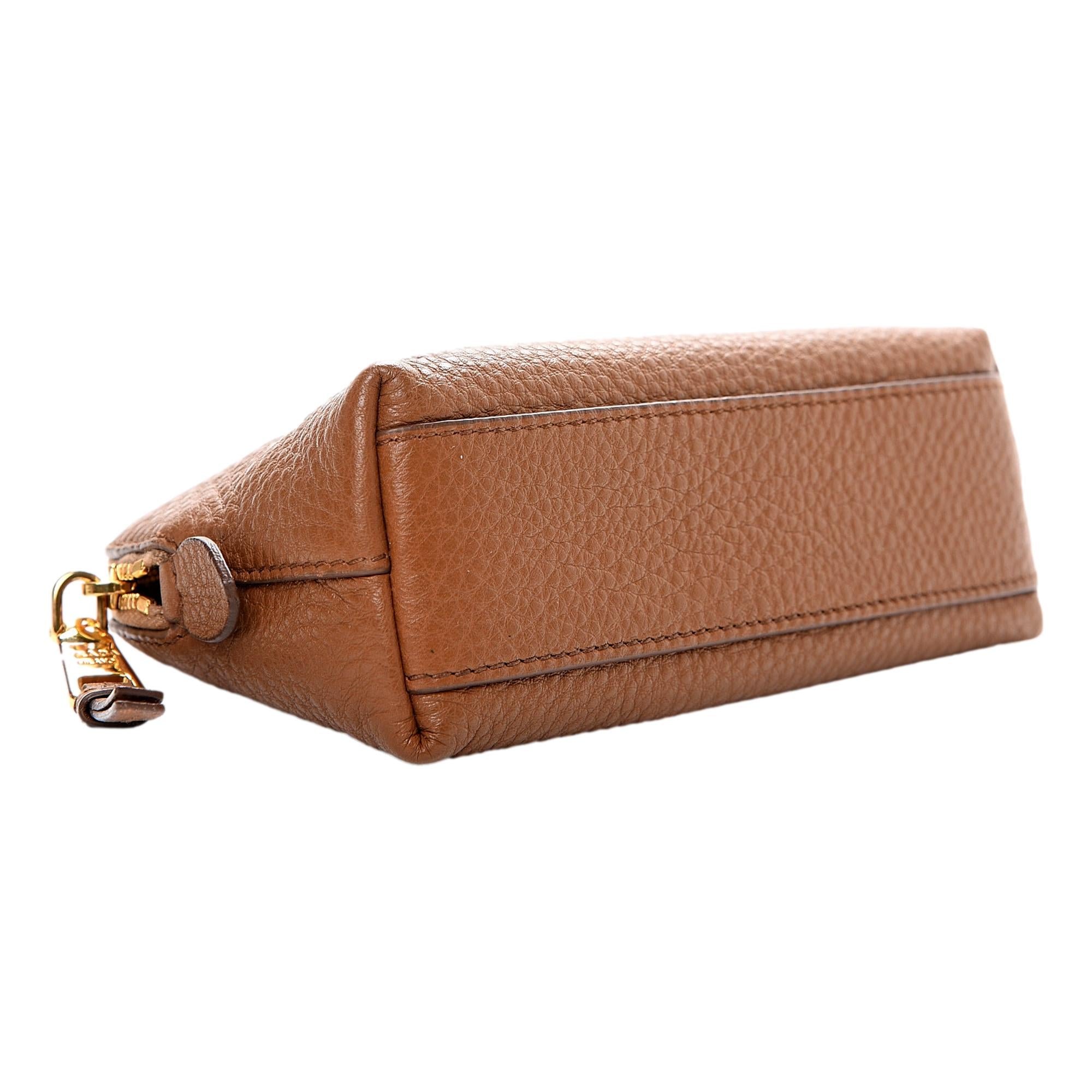 Prada Vitello Daino Cannella Brown Leather Small Cosmetic Case Clutch Bag