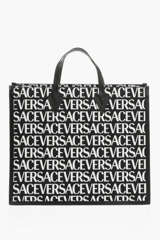 Versace All-Over Logo Tote Bag with Leather Trims