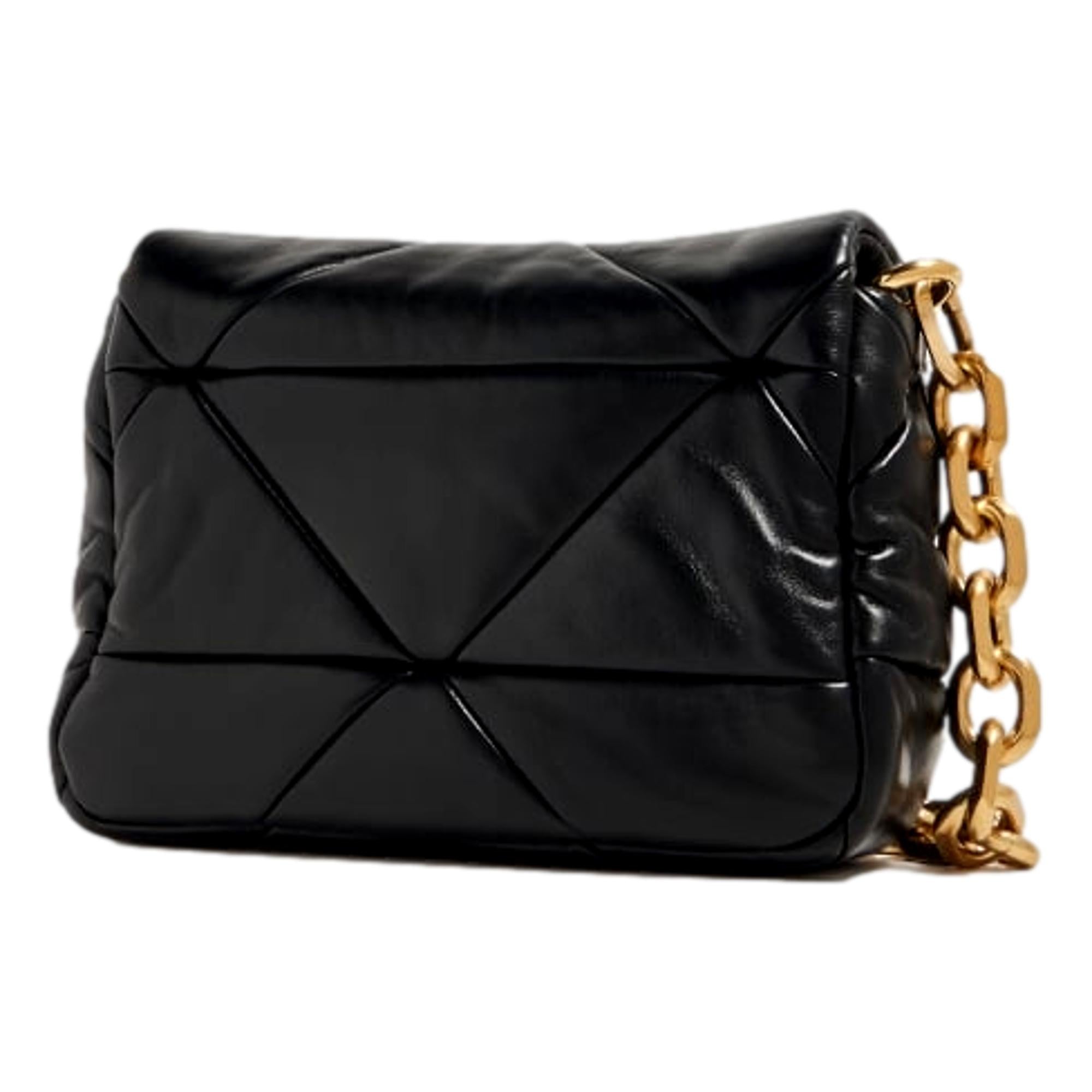 Prada Gold Logo Black Quilted Nappa Patch Leather Small Shoulder Bag