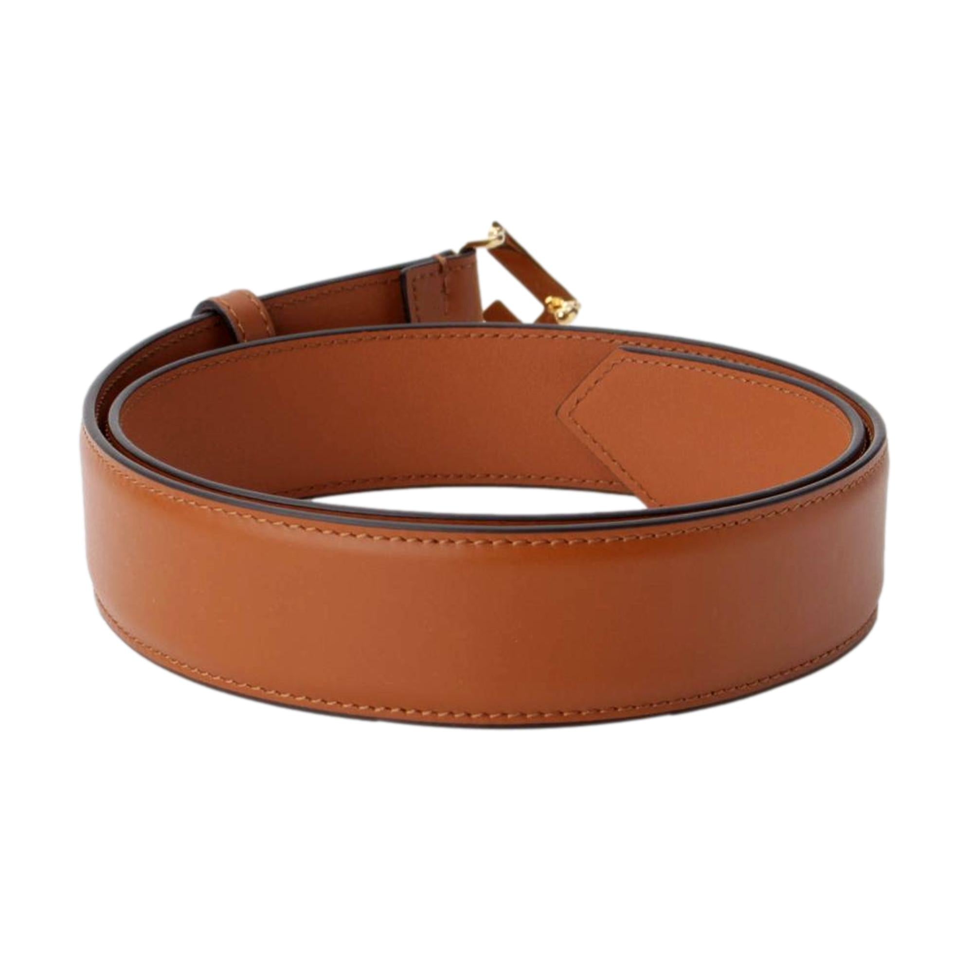 Fendi First Gold Logo Cuoio Brown Calf Leather Belt Size 90