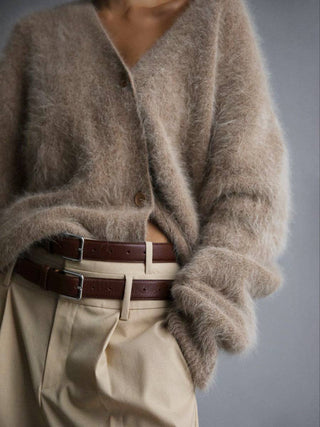 Suhkasana - Faux Mink Knit Oversized Cardigan Soft Cozy Sweater: Khaki / L