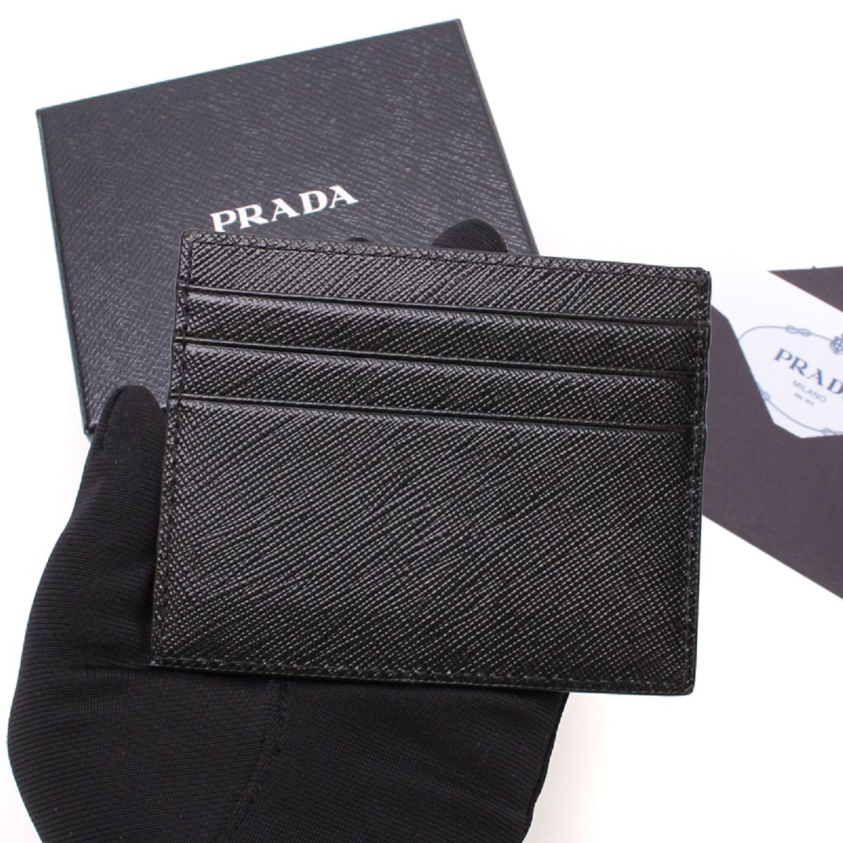 Prada Saffiano Nero Black - Gray Card Holder Silver Logo