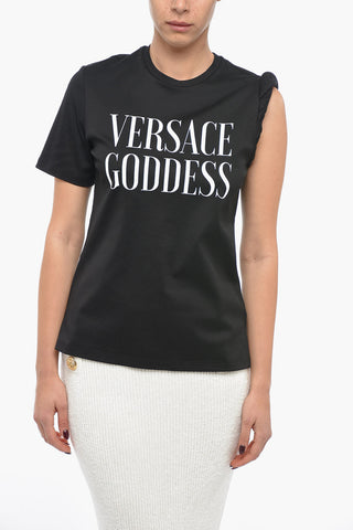 Versace Crew Neck GODDESS Cotton T-Shirt with Gathered Sleeve