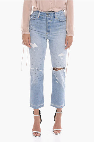 Amiri Cropped Fit Distressed Denims with Crystals 20cm