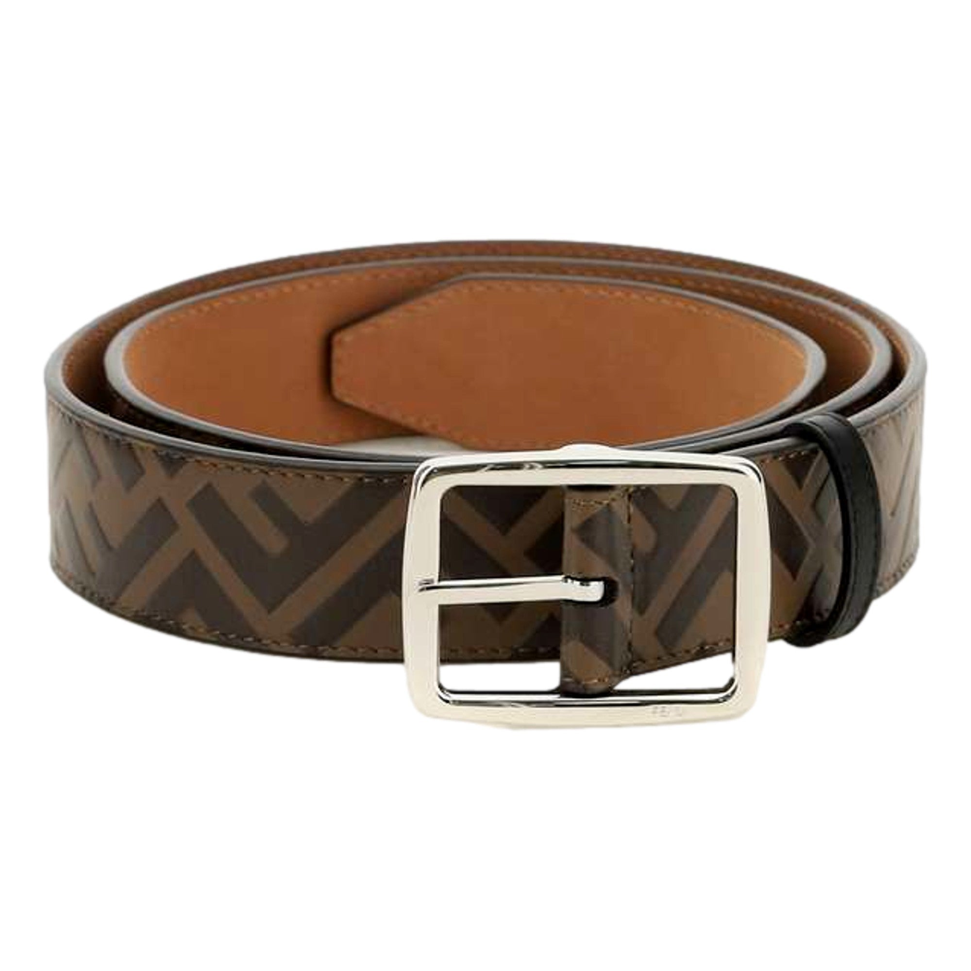 Fendi FF Zucca Monogram Buckle Belt Size 100 Brown Calf Leather Silver