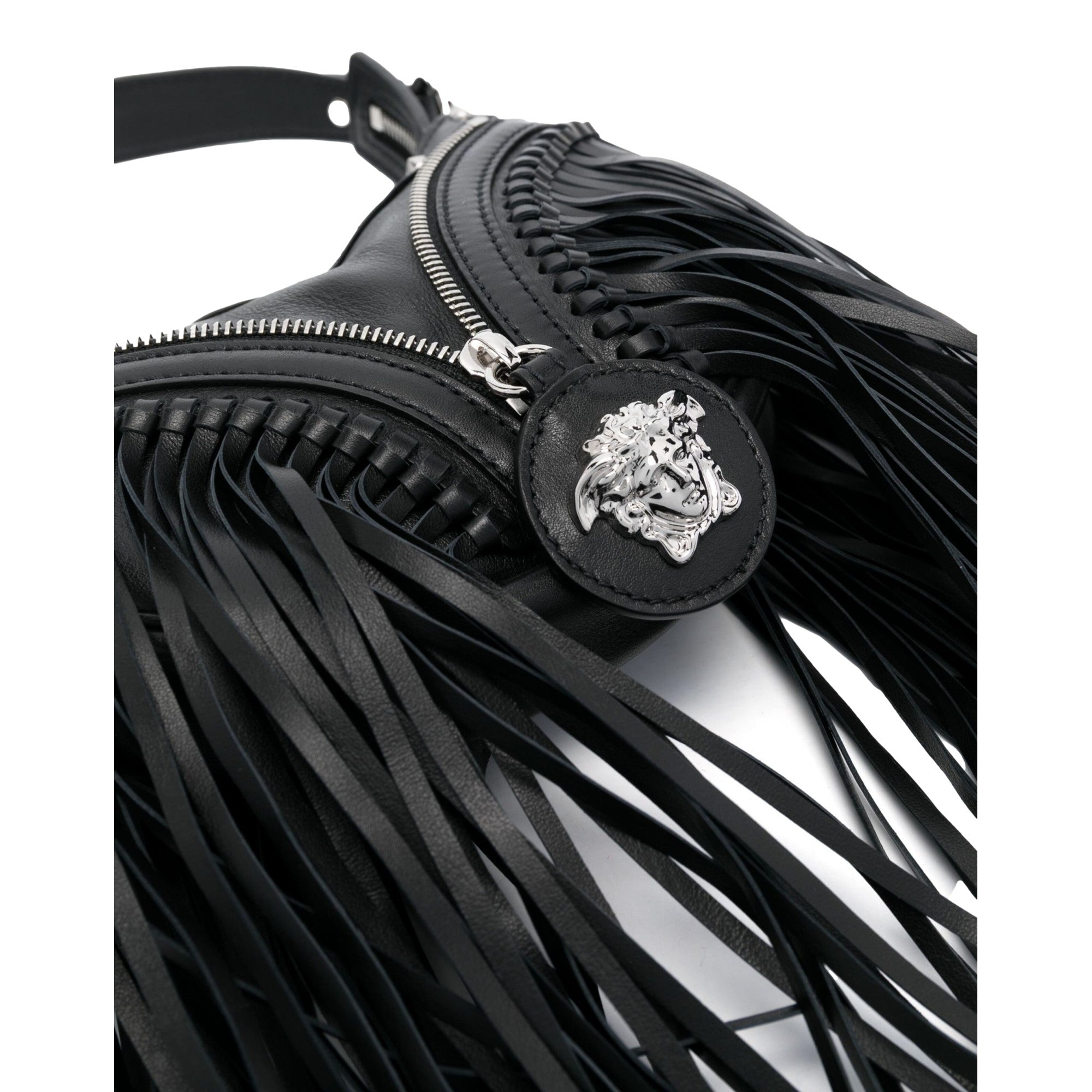 Versace Repeat Fringe La Medusa Mini Hobo Shoulder Bag Black Leather